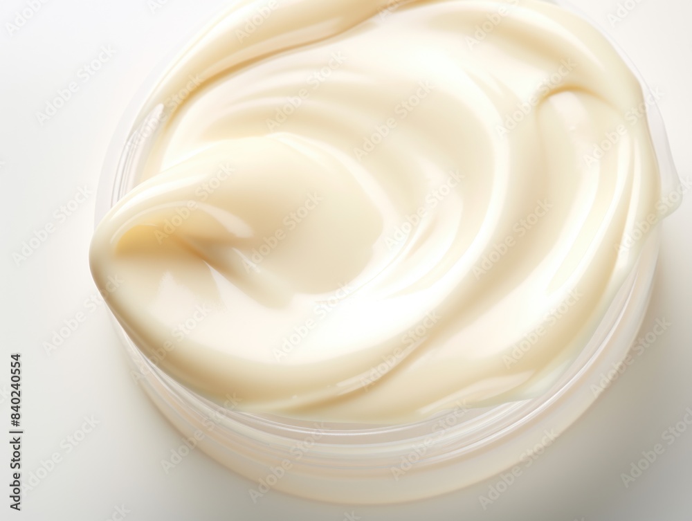 A clear glass jar filled with whipped cream sits on a white background, perfect for food or beauty related uses A clear glass jar filled with whipped cream sits on a white background, perfect for food or beauty related uses