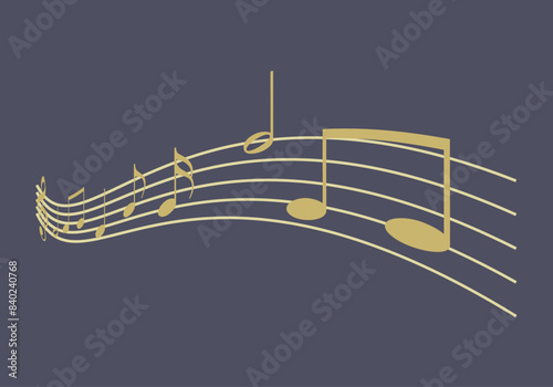 Pentagrama dorado con notas musicales en fondo azul. 
