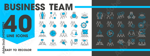 Business team discussion icons, management and brainstorm, meeting and recruitment, vector pictograms. Teamwork business discussion line icons of people of company network, conference and presentation
