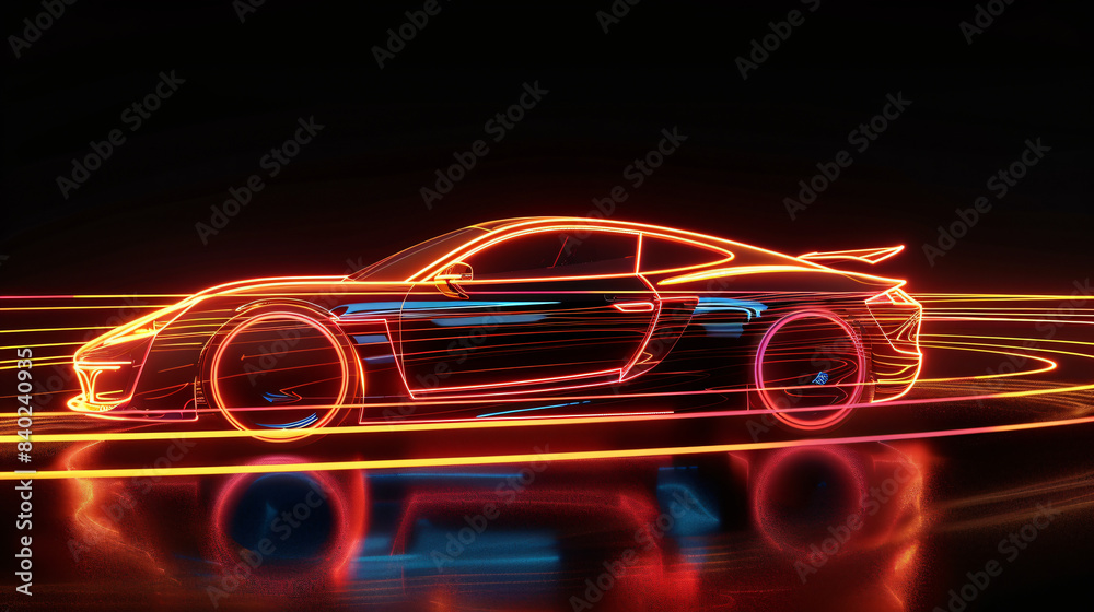 Futuristic sports car concept art with vibrant neon light outlines against a dark backdrop Futuristic sports car concept art with vibrant neon light outlines against a dark backdrop
