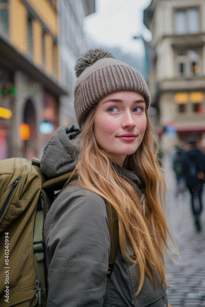 A woman carrying a backpack walks down a busy city street A woman carrying a backpack walks down a busy city street