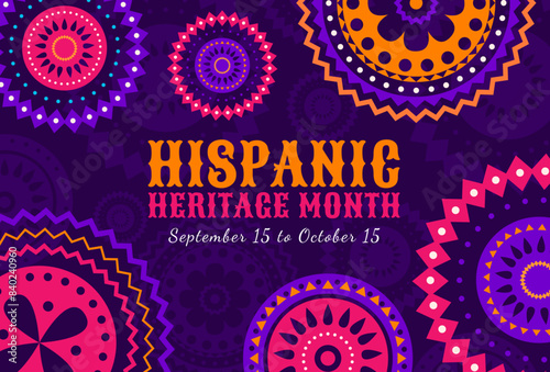 International hispanic heritage month festival poster with vector pattern of spanish and mexican traditional ornament. Latin culture commemoration banner with bright color floral motif of huichol arts