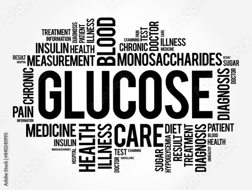 Glucose is the main sugar found in your blood, word cloud concept for presentations and reports photo