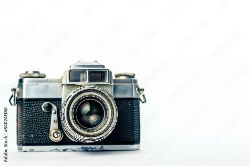 An old camera sitting on a plain white background