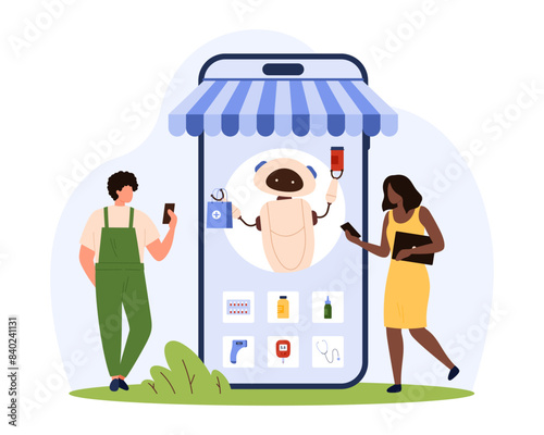 Online smart service with AI assistant, pharmacy mobile app. Tiny people choose category of medical equipment and pills for purchase with robot support on smartphone screen cartoon vector illustration