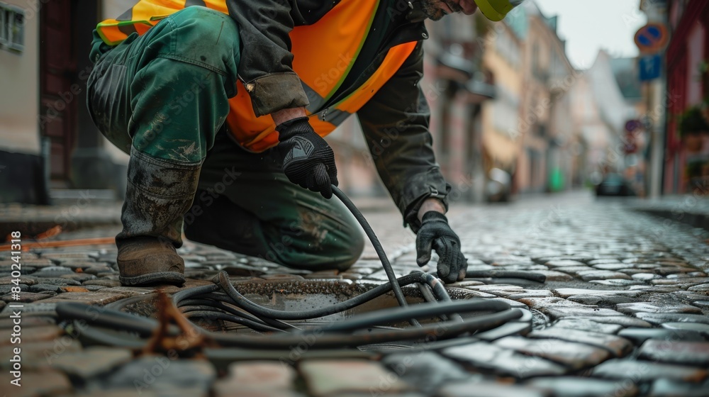 The worker fixing street cables The worker fixing street cables