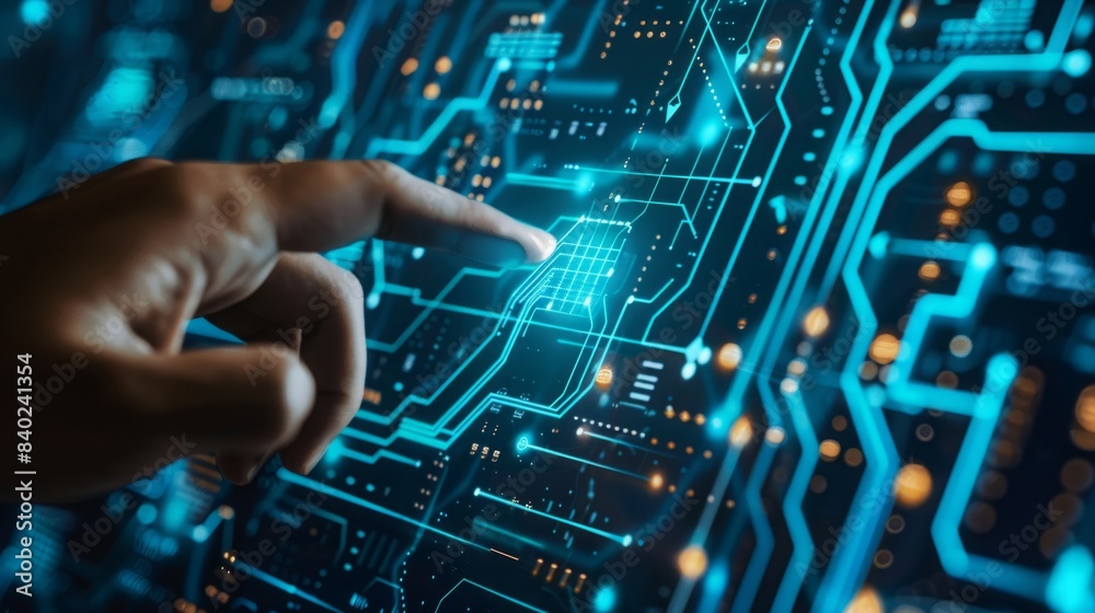 A hand reaches out to touch a digital circuit board with glowing blue lines and nodes. A hand reaches out to touch a digital circuit board with glowing blue lines and nodes.
