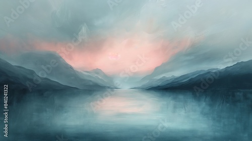 Serene Landscape Painting with Misty Mountains and Pink Sky Reflection © Sol Revolver Group