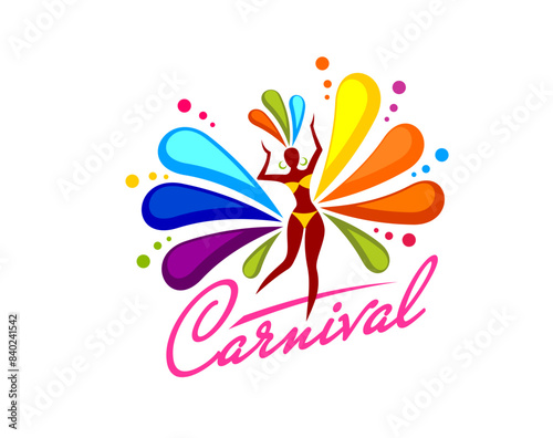 Brazil carnival party icon with samba dancer for entertainment event, vector symbol. Brazilian traditional carnival emblem with woman dancing samba with rainbow feathers or colors splash flower