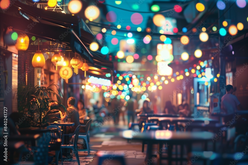 A bustling street bar with bokeh lights and outdoor seating A bustling street bar with bokeh lights and outdoor seating