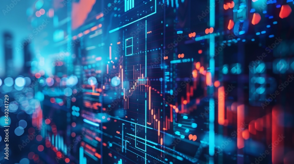 An abstract image of a digital display with blue and red lines and charts, with a blurred urban cityscape background. An abstract image of a digital display with blue and red lines and charts, with a blurred urban cityscape background.