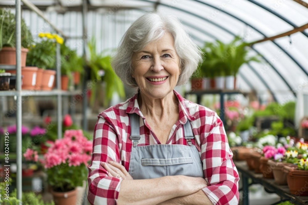 A woman stands in a greenhouse with her arms crossed, surrounded by plants and flowers A woman stands in a greenhouse with her arms crossed, surrounded by plants and flowers