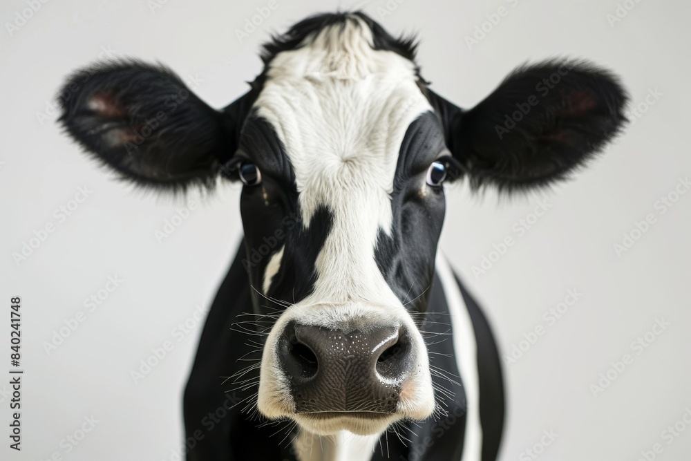 Majestic cow with black and white markings on white background Majestic cow with black and white markings on white background