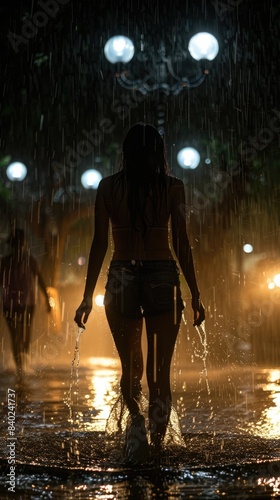Silhouette of a dancing woman under heavy rain