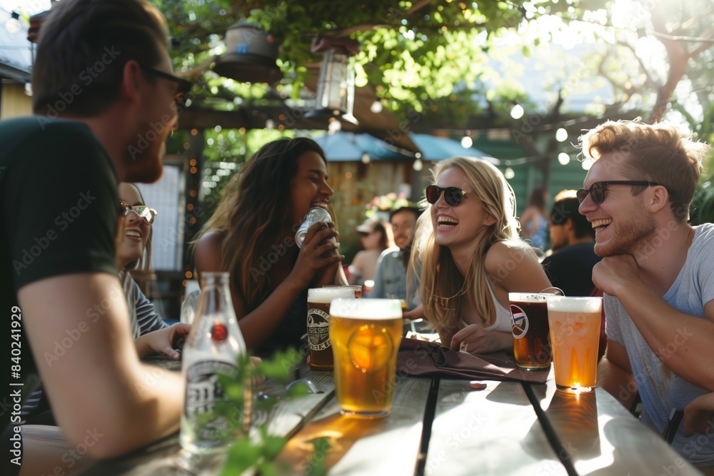 Friends laughing and drinking beer at a bar in the summertime