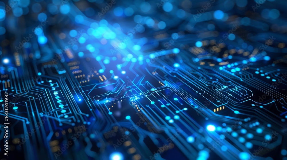 A close-up photograph of a circuit board, showing intricate blue connections and glowing lights. A close-up photograph of a circuit board, showing intricate blue connections and glowing lights.