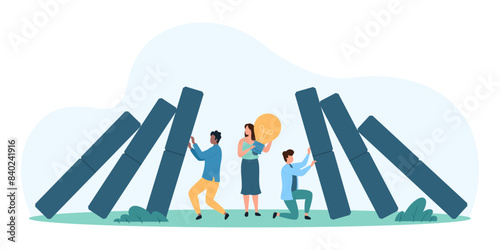 Proactive crisis management, success solution. Tiny people holding light bulb as idea to stop domino falling, prevent crisis, economic problems and business collapse cartoon vector illustration