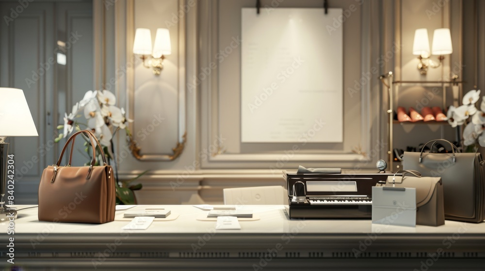 Chic Boutique Elegant Cashier Desk with Luxury Bags Stylish Decor and Customizable Business Cards HighEnd Retail Interior Design Chic Boutique Elegant Cashier Desk with Luxury Bags Stylish Decor and Customizable Business Cards HighEnd Retail Interior Design