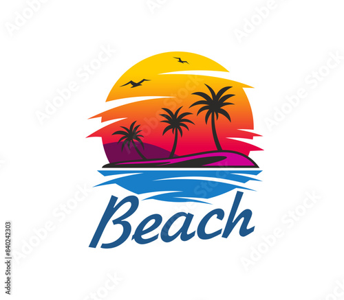 Summer tropical island beach, palm trees and seagulls in sunrise or sunset, vector emblem. Paradise island badge with sea or ocean waves, palms and flying seagulls silhouette in seascape mountains