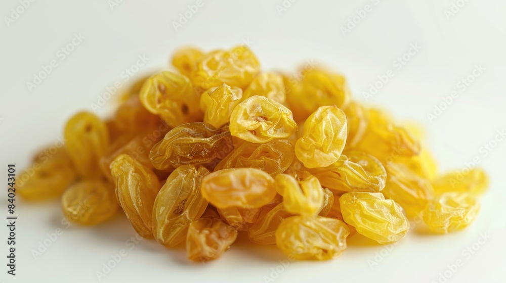 Fresh yellow raisins arranged neatly on a white background, great for food or still life photography Fresh yellow raisins arranged neatly on a white background, great for food or still life photography