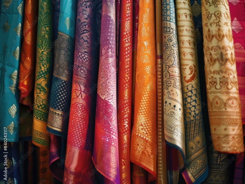 A collection of colorful scarves displayed on a rack for easy selection A collection of colorful scarves displayed on a rack for easy selection