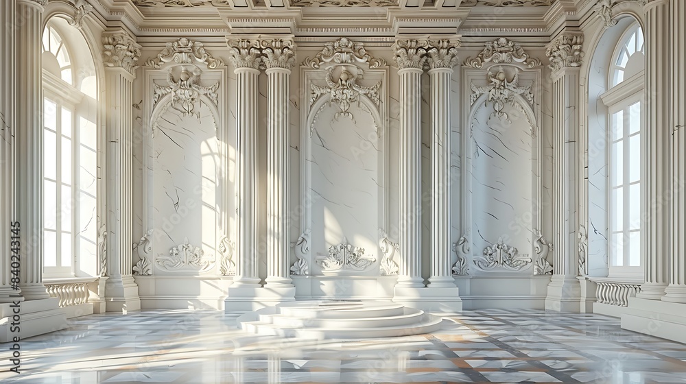 Obraz premium A white marble podium in a classical museum setting, adorned with ornate details and bathed in soft light, positioned centrally with ample copy space.