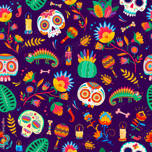 Mexican Dead Day, Dia De Los Muertos holiday seamless pattern. Textile Mexican culture print, Day of the Dead holiday celebration pattern with sugar skull, cactus, chameleon, candle and flowers