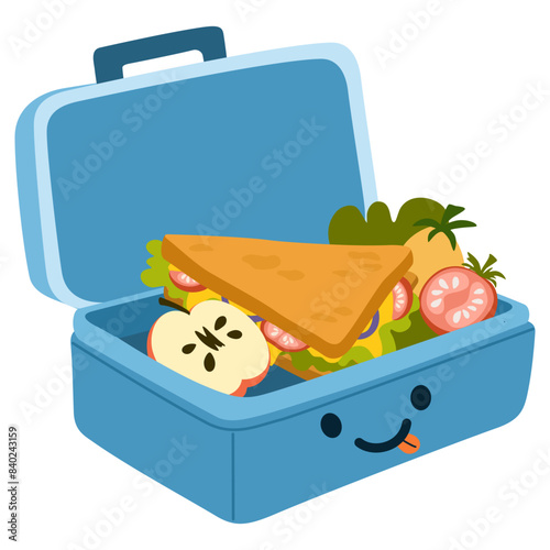 School lunch box, container. Various food: sandwich, fruits, vegetables. Hand drawn Vector illustration. Isolated elements, design templates. Healthy food concept © PawLoveArt