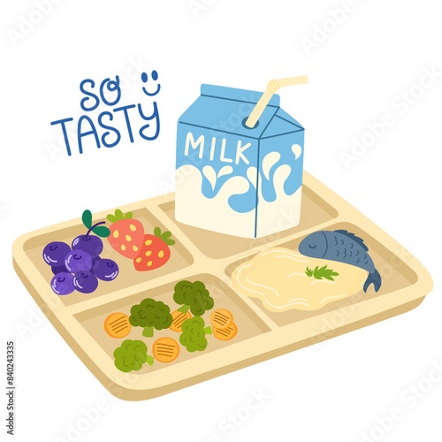 Tray with various food: fish, vegetables, berries, milk. Healthy food, school lunch box concept. Hand drawn Vector illustration. Isolated design element. Poster, print, logo template.  © PawLoveArt