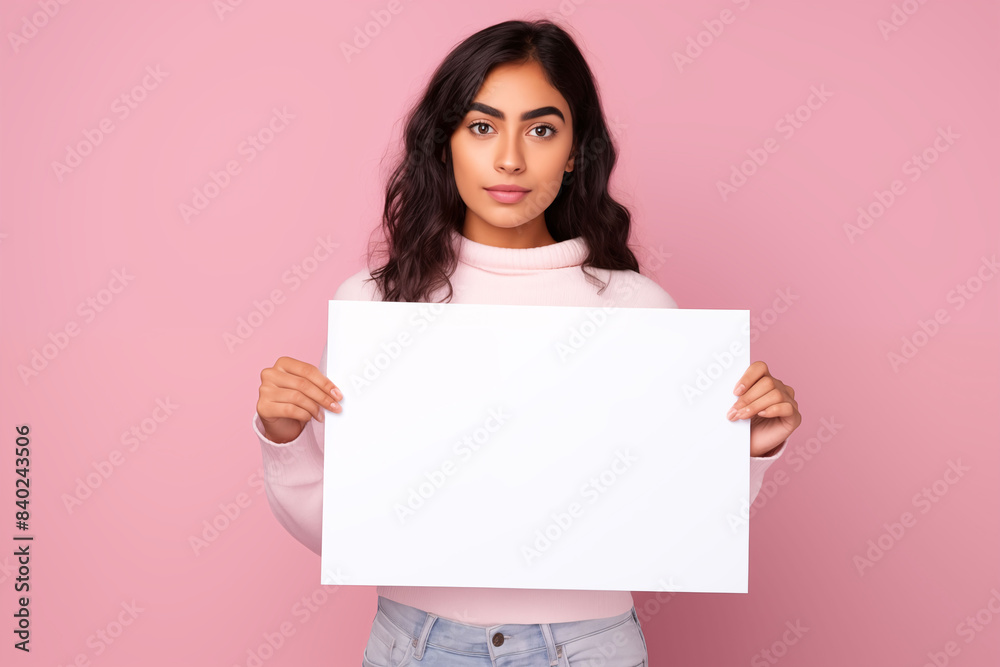 Indian woman holding blank white sign on pink background Indian woman holding blank white sign on pink background