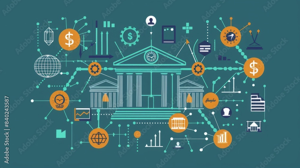 A stylized illustration of a financial network, featuring a central bank connected to various institutions and services via digital lines. A stylized illustration of a financial network, featuring a central bank connected to various institutions and services via digital lines.