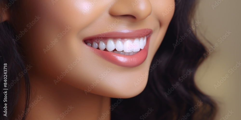 A close-up shot of a smiling woman's face, giving a warm and friendly impression A close-up shot of a smiling woman's face, giving a warm and friendly impression