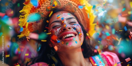 A woman wearing a colorful hat with confetti covering her face, capturing the joy of celebration photo