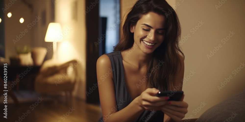 A woman sits on a couch looking at her cell phone, possibly texting or browsing A woman sits on a couch looking at her cell phone, possibly texting or browsing