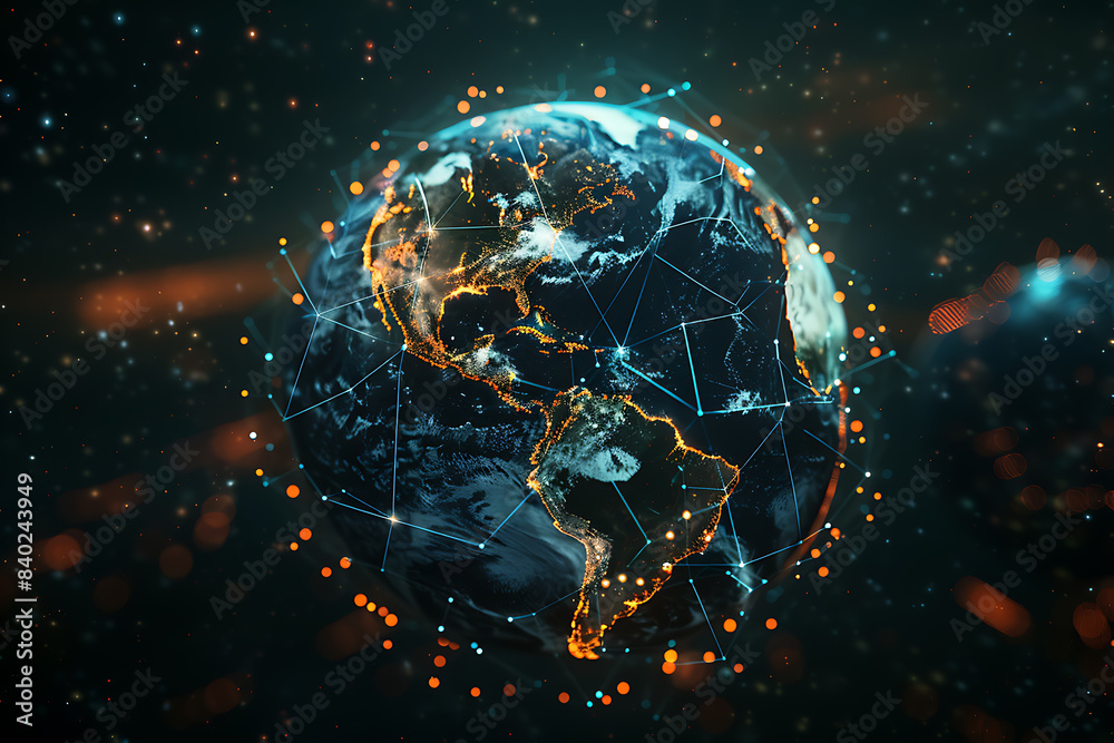 An abstract holographic planet Earth with numerous connection points symbolizing the vastness of social networks and global connectivity.