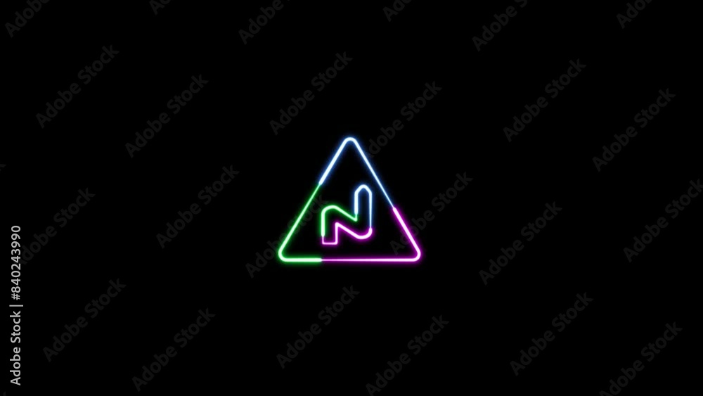 Neon triangular road sign animation. Glowing curves road sign. Triangle warning road sign. Road warning sign. Neon triangular road sign animation. Glowing curves road sign. Triangle warning road sign. Road warning sign.