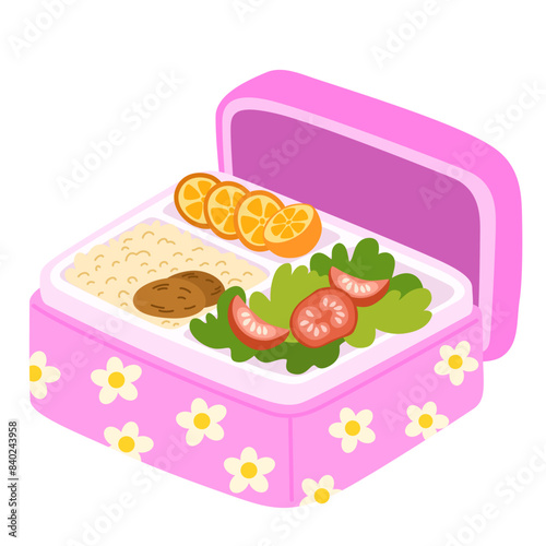 School lunch box, container. Various food, meat, fruits, vegetables. Hand drawn Vector illustration. Isolated elements, design templates. Healthy food concept © PawLoveArt