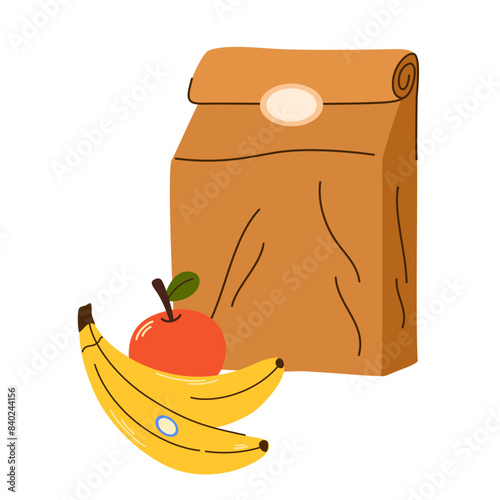 School lunch, paper bag. Healthy food concept. Hand drawn Vector illustration. Isolated elements, design templates. Healthy food concept © PawLoveArt