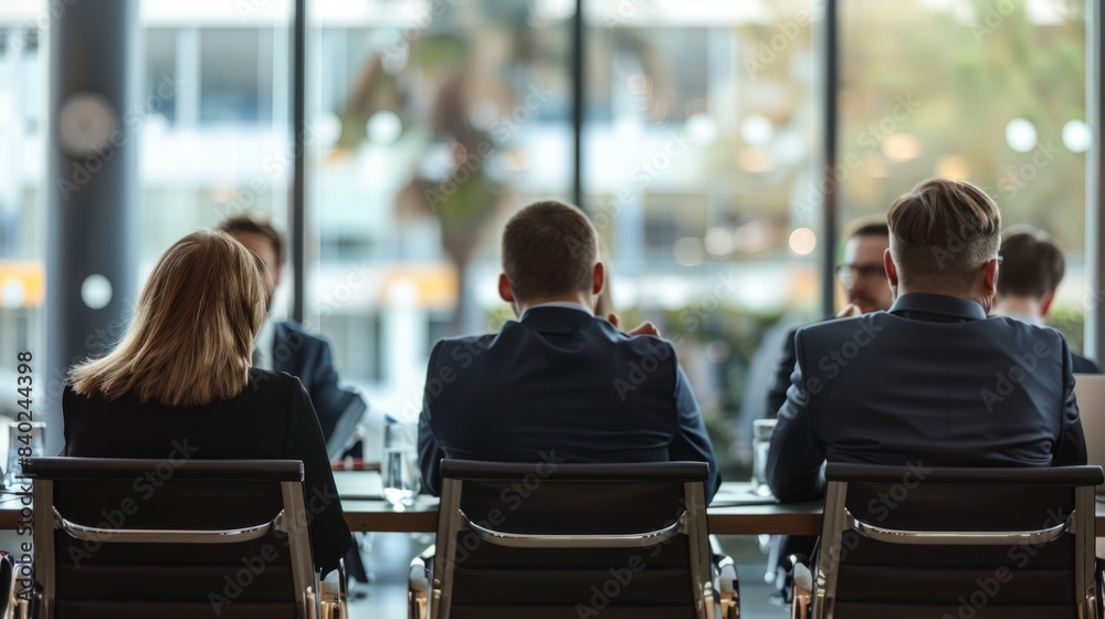 Fototapeta premium A group of business professionals sit at a conference table, facing a large window.