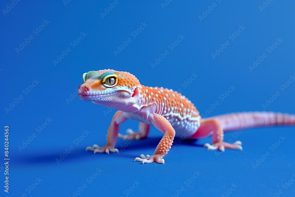 Fototapeta premium small, spotted leopard gecko in a calm mood on a rich royal blue solid color background