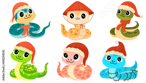 Cute Cartoon Snakes. Chinese 2025 New Year symbol, happy animals characters mascot in Santa hats. Happy funny serpents with spots on skin. Vector illustration isolated on white background © PawLoveArt