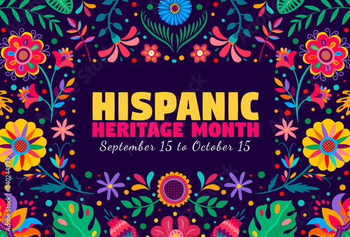 National hispanic heritage month banner with tropical flowers pattern vector background frame. Mexico and Spain culture festival poster with border of latino ornament, colorful flowers, plant leaves