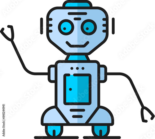 Game retro virtual bot, futuristic robot, alien humanoid droid linear color icon. Industry machine humanoid android, artificial intelligence robot or alien cyborg, vintage bot outline vector sign