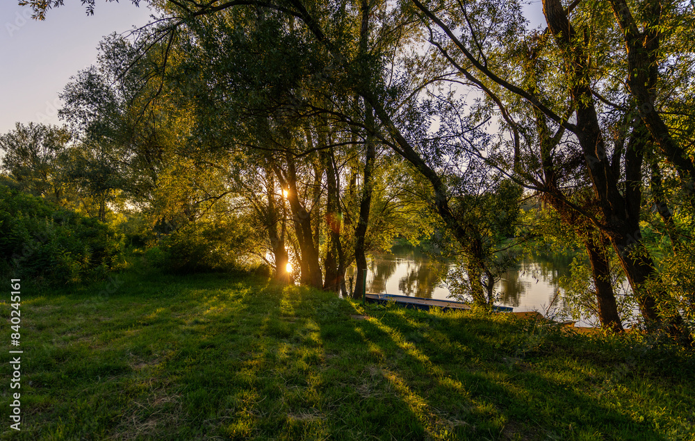 Naklejka premium Sunset on the river bank, beautiful summer landscape