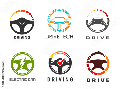 Drive icons of steering wheel for tech and safe drive or driving school, electric car vector symbols. Drivers school or auto control AI technology for safe driving, steering wheel and speedometer sign