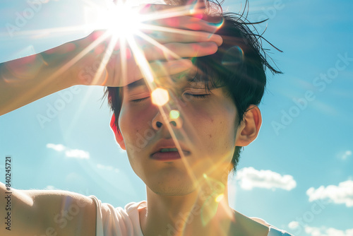 Man Shielding Eyes from Bright Sunlight Outdoors
