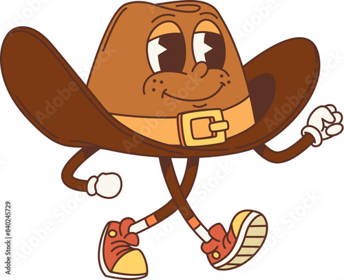 Cartoon retro Western cowboy hat groovy character, old american Wild West vector personage. Vintage leather brown hat of Western cowboy, sheriff or Wild West gunslinger emoticon, old american emoji