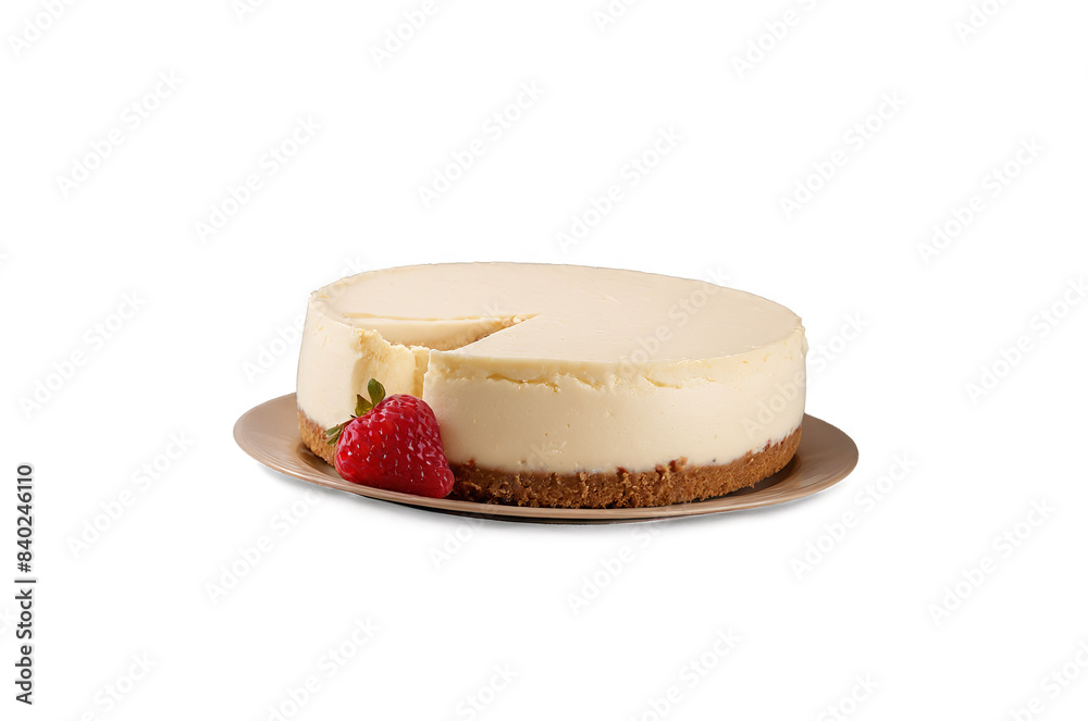 A scrumptious cheesecake topped with a vibrant strawberry presents a mouthwatering delight on a black backdrop A scrumptious cheesecake topped with a vibrant strawberry presents a mouthwatering delight on a black backdrop