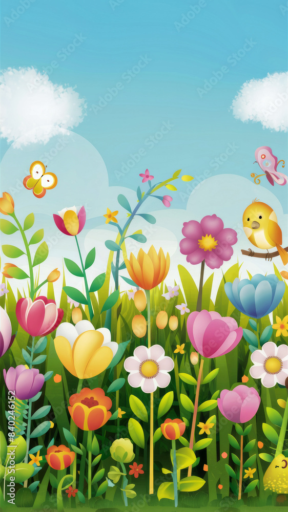 digital illustration of spring, featuring a meadow with a variety of blooming flowers digital illustration of spring, featuring a meadow with a variety of blooming flowers