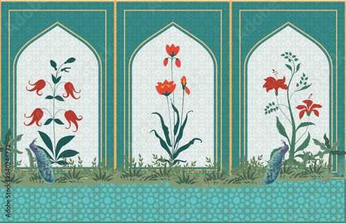 Traditional Mughal garden, flowers in arch, landscape wallpaper. Traditional Mughal forest garden illustration.
